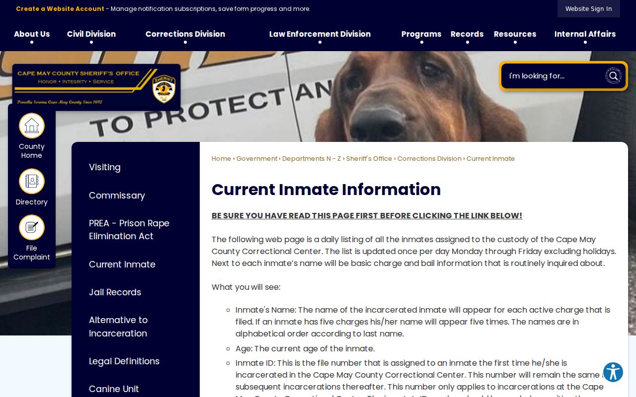 Cape May County arrest lookup current inmate instructions