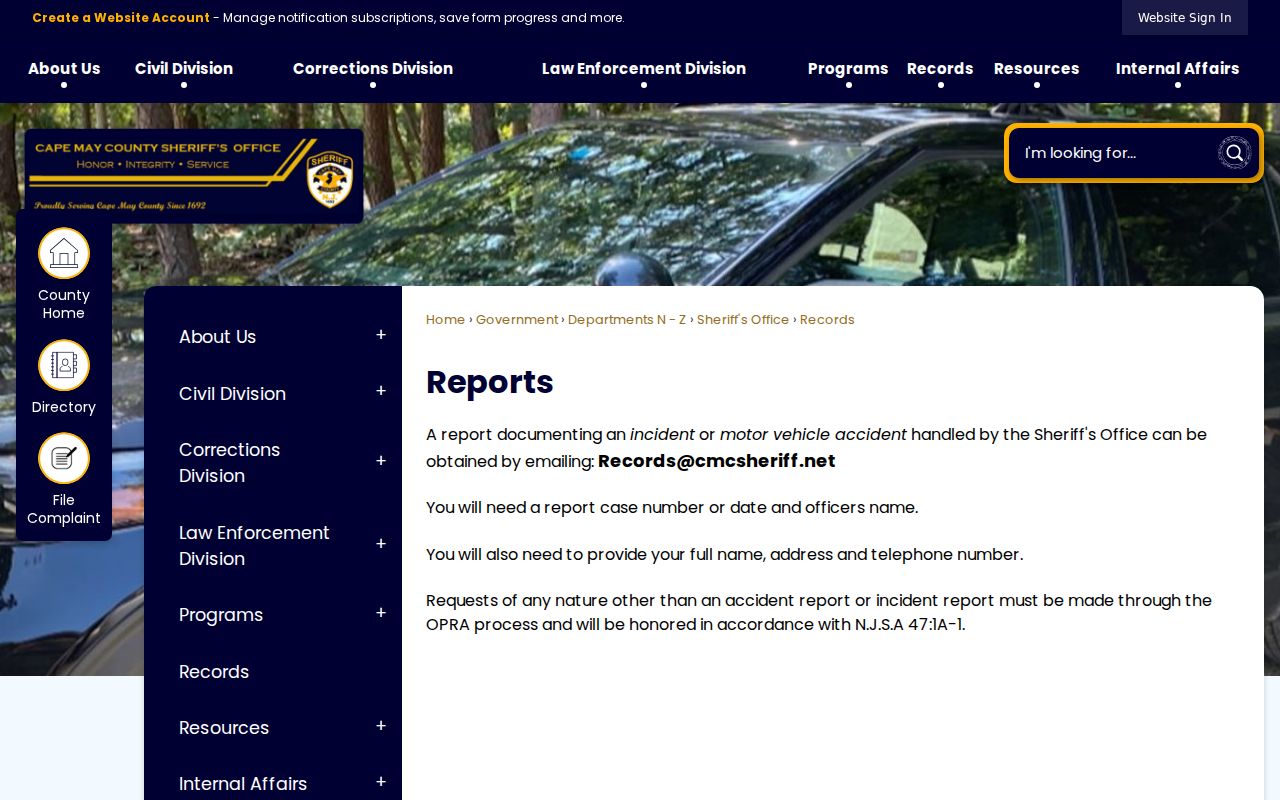 Cape May County sheriff arrest incident report request