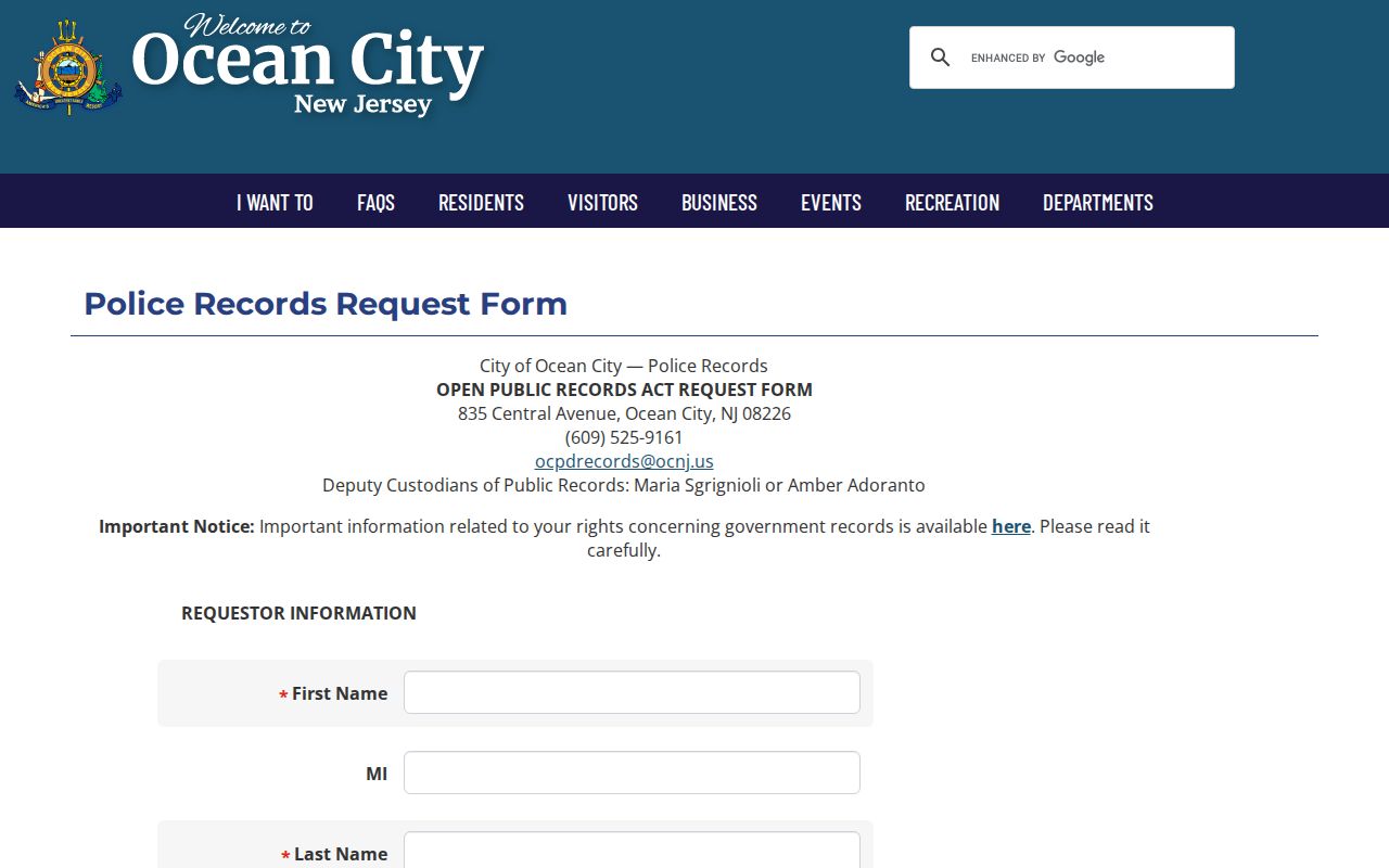 Ocean City criminal records OPRA form in Cape May County